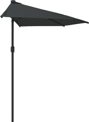A half-round balcony umbrella with a black fabric canopy and a black pole, isolated on a white background.
