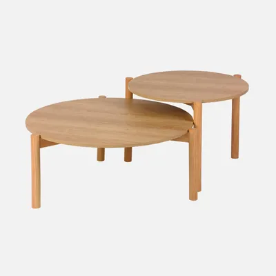Two round coffee tables of different sizes, made of wood, placed side by side.