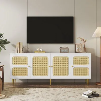 Image de Meuble TV en rotin blanc de 180 cm avec 4 portes et système de rangement des câbles