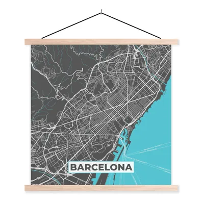 Produktbild von MuchoWow® Textilposter Barcelona - Blau - Karte - Stadtplan 40x40 cm mit holzfarbenen Rahmen - Posterleiste