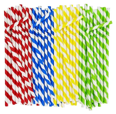 Obrázek produktu pro Papírové, jednorázové brčka, barevné proužky, 250 kusů, 19,7 x 0,6 cm, biologicky rozložitelná