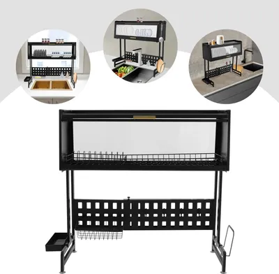 Obrázek produktu pro Odkapávací stojan – nad dřez, 2patrový – nastavitelný – samoodkapávací – uhlíková ocel – nosnost 100 kg – pro dřezy do 84 cm – 84,5 × 28 × 31 cm – černý