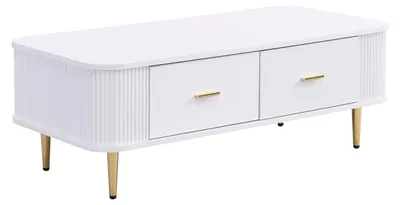 Produktbild von Couchtisch mit goldenen Griffen,zwei Schubladen,großem Stauraum,abgerundeten Ecken und wellenförmigen Seiten – MDF-Tisch in rechteckiger Form