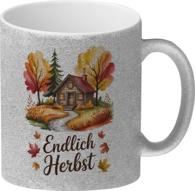 Produktbild von Aquarell Hütte im Herbst Glitzer-Kaffeebecher - Endlich Herbst