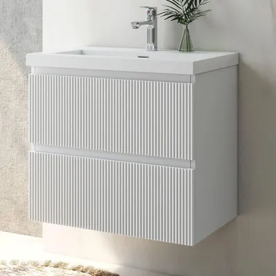 Produktbild von Waschtisch mit Unterschrank 60cm BOKAV Badmöbel Set Weiß Waschbecken Dunklegrau mit Unterschrank Softclose