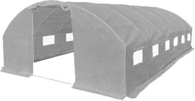 A grey greenhouse tunnel structure with windows on the side.