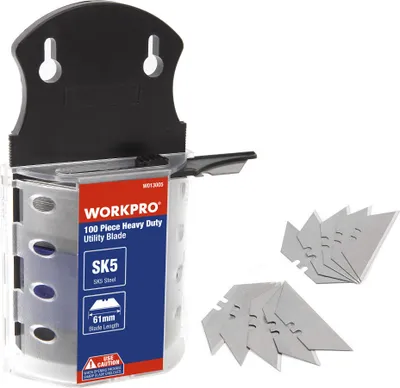 Produktbild von WORKPRO Trapezklingen Set, 100-tlg. 0.6MM Klingenstärke SK5 Edelstahl im Spender,Ersatzklingen für Klapp Messer