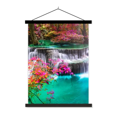 Produktbild von MuchoWow® Textilposter Wasserfall - Sonne - Bäume - Regenbogen - Natur 40x53 cm mit schwarzem Rahmen - Abbildung