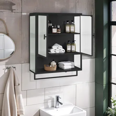 Produktbild von okwish Schminkkommode 60CM zweitürig,Hängeschrank mit geschlossenem Stauraum,Highboard offenem Regal und Handtuchhalter,Schwarz,für Flur, Wohnzimmer, Badezimmer
