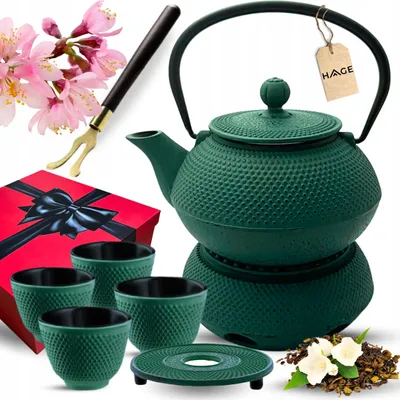 Productafbeelding van Gusseisenen theepot met theefilter, groen, 900 ml, met verwarmingselement en kopjes, cadeau
