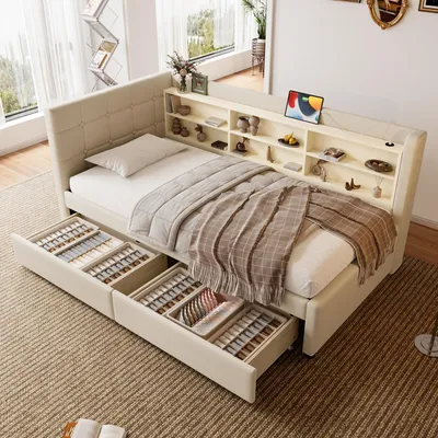 Image de okwish Canapé-lit 90 x 200 cm sans matelas, lit de jour avec 2 tiroirs et sommier à lattes, lit pour jeunes avec USB et Type-C, avec plusieurs compartiments – beige