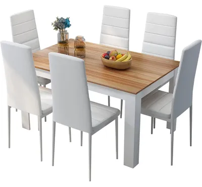 Produktbild von Esstisch mit 6 Stühlen Set, Hochlehner Kunstleder, Weiß und Eiche, 138 x 90 x 75 cm