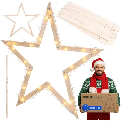 Produktbild von MODO24 2D Weihnachtsstern Holz MODOSTAR Set, Holzstern, Deko Stern,Holz, Faltbar, Outdoor Garten Wetterfest, 114 cm, Natur, GWZ