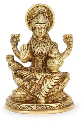 Messing Lakshmi Idol – sitzende Göttin, 13,8 cm, gold