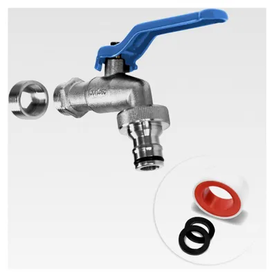 Produktbild von Gartenwasserhahn 1/2 Zoll & 3/4 Zoll aus Messing mit Schlauchanschluss und Dichtband - Frostsicherer Kugelhahn für Außenbereich - Auslaufventil für Regentonne