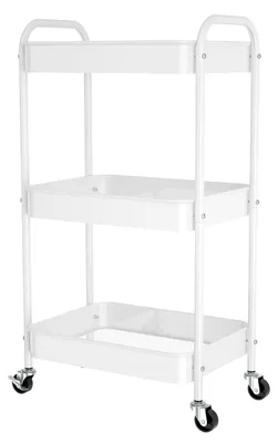 Image de Chariot de rangement métallique à trois étages sur roulettes, rangement multifonctionnel pour le bureau, la cuisine, la salle de bain, les livres, les couches – facile à monter, blanc