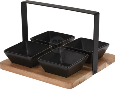 Image de Bols à snacks 4 pièces + planche en acacia avec poignée