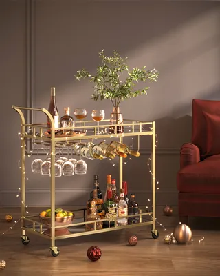 Produktbild von VASAGLE große Servierwagen, Rollwagen, 2 verspiegelte Glasablagen, goldfarben