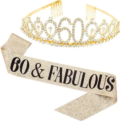 Produktbild von Schärpe zum 60. Geburtstag, goldenes Set mit Schärpe und Krone für Mädchen zum 60. Geburtstag, Dekorationsgeschenke für 60-Jährige als Geburtstagsgeschenk