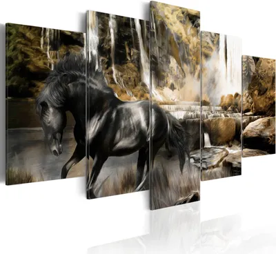 Produktbild von Leinwandbilder Tiere200x100 cm Vlies Leinwandbild 5 tlg Kunstdruck modern Wandbilder XXL Wanddekoration Design Wand Bild - Pferd Wasserfall Natur wie gemalt 020116-11