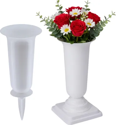 Produktbild von Grabvasen mit Erdspieß und Sockel 2er Set (31, 32 cm) weiss