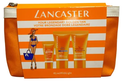 Immagine prodotto di Set regalo Lancaster: Latte corpo protettivo solare Sun Beauty SPF 30, per viso e corpo, da applicare prima dell'esposizione al sole, 15 ml *prodotto campione + Crema solare protettiva per pelli sensibili Sun Sensitive SPF 50+, per viso e corpo, 3 ml *prodotto campione + Kit da toilette Lancaster, sacchetto in tessuto incluso