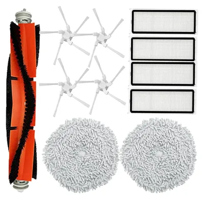 A collection of robot vacuum cleaner replacement parts arranged on a white background.