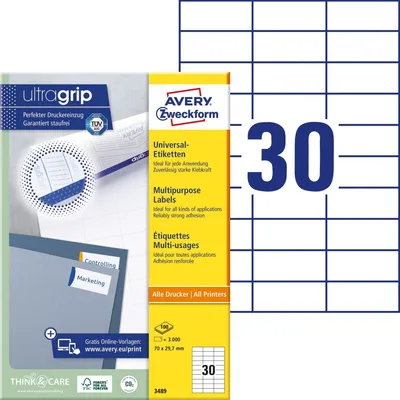 Produktbild von Universal-Etiketten ultragrip 70x29,7 mm VE=5x3.000 Etiketten / 100 Bogen weiß