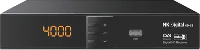 A front view of a black digital satellite receiver with an orange display showing '4000'.