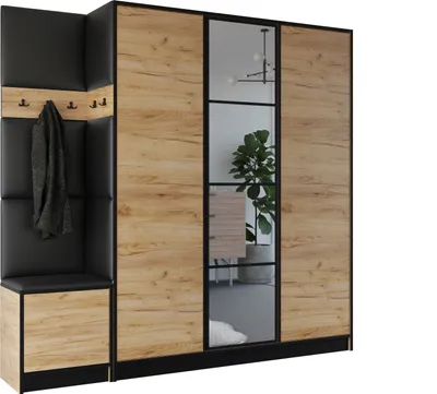 A hallway wardrobe with a bench and coat hooks, featuring wood-effect panels and mirrored doors.