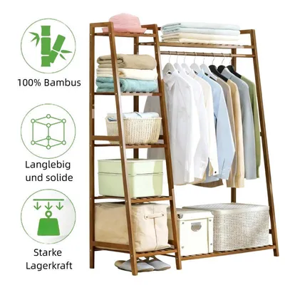 Produktbild von Kleiderständer Bambus ，Garderobenständer Bambus，Multifunktionale Schlafzimmer garderobe Kleiderständer mit 7 Ablagen 1 Kleiderstangestab 110 x 36x 14