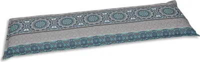 A long, rectangular pillow or cushion with a patterned fabric cover.