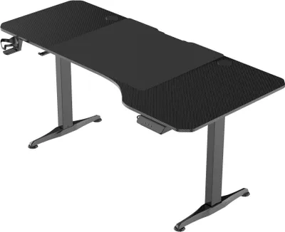 A black gaming desk with an adjustable height feature.
