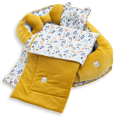 BABYNEST SET 5 tlg. GELB Samt Velour/ Blumen Blau Gelb Baumwolle Nestchen