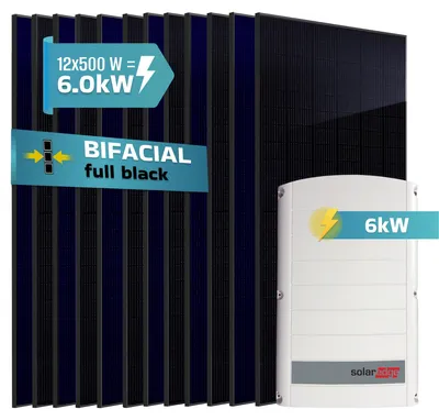 Produktbild von SUNNIVA® 6.0 kW Solaranlage, 12x 500 W Solarmodule Fullblack Bifacial, Wechselrichter SolarEdge SE6K (3-phasig)