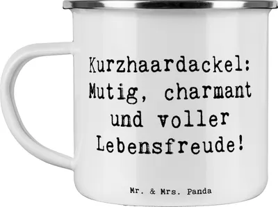 Produktbild von Mr. & Mrs. Panda Pott Spruch Mutiger Dackel - Weiß - Geschenk, Charakter, Hunderassen, Haferl, Pflege, Emaille Tasse, tapfer, Becher, treuer Begleiter, Eigenschaften