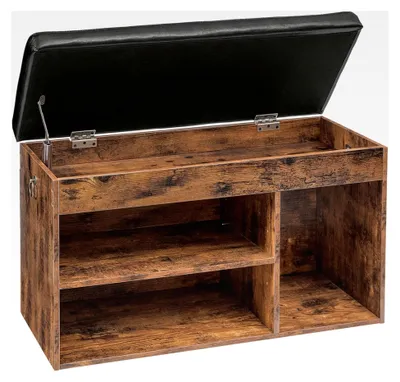 Produktbild von Schuhbank mit 3 offenen Fächern, 82 x 31,5 x 46,5 cm, gepolstert, Stauraum unter der Sitzfläche, bis 150 kg belastbar, für Flur und Wohnzimmer