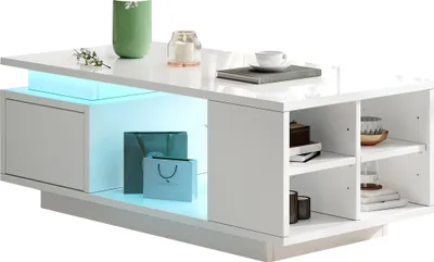 Produktbild von 100*50*36cm Couchtisch, kaffeetisch mit Schublade,Hochglänzender LED-Beistelltisch, Sofatisch,Ein Wohnzimmertisch mit vier seitlichen Ablagefächern