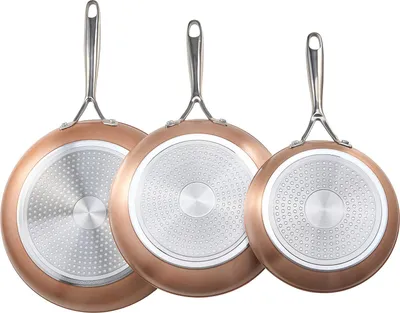 Three copper-colored frying pans of different sizes are shown from the underside, arranged diagonally.