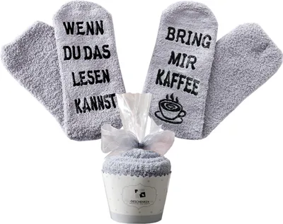 Produktbild von Kaffeeliebhaber Socken, Geschenk für Frauen, Socken mit rutschfestem Spruch, WENN DU DAS LESEN KANNST BRING MIR KAFFEE, Geburtstagsgeschenk, Kaffee Socken, Kuschelsocken, Grau, 36-43