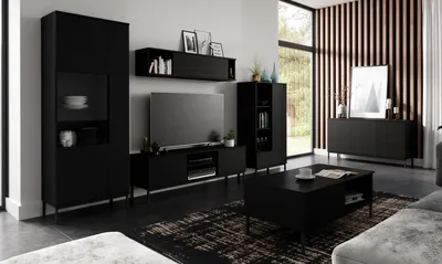 Produktbild von Wohnzimmermöbel Dallas I mit Vitrinen, TV-Schrank, Couchtisch und Kommode, inklusive Metallfüße (Farbe: Schwarz)