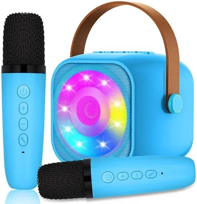 Obrázek produktu pro Přenosná karaoke sada Unyqoos® se stereo zvukem, nastavitelnými LED světelnými efekty a 2 bezdrátovými, ergonomickými mikrofony – vhodná pro děti ve věku 3–18 let, snadno přenosná