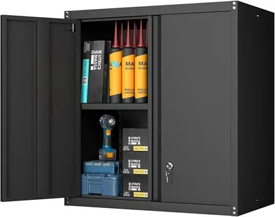 Produktbild von Hängeschrank Metall Werkzeugschrank mit Klapptür, wandmontierte Garagen-Aufbewahrungsschränke mit 1 verstellbarem Regal und 2 Türen, Stahlschrank für Garage, Büro und Zuhause, Schwarz