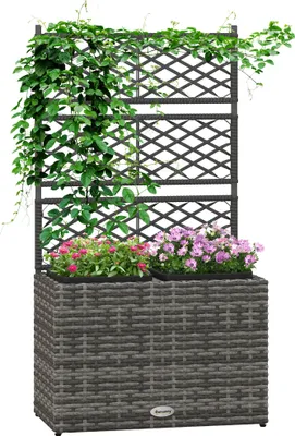 Produktbild von Outsunny Pflanzgefäß mit Spalier für Kletterpflanzen, Hochbeet mit 2 Innentöpfen, Stahlrahmen und PE-Rattan, 57x30x107cm, grau