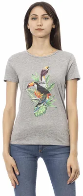 Produktbild von Damen-T-Shirt, kurze Ärmel, Rundhalsausschnitt, Vogelmuster, Baumwolle/Viskose, Grau