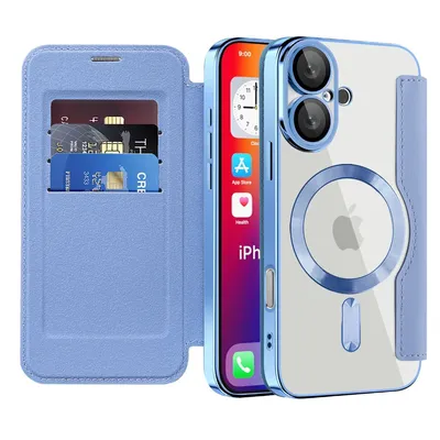 Produktbild von Klapphülle für iPhone 16 Kompatibel mit Magsafe, Klar Überzug Kartenhalter Ledertasche mit Kameraschutz Hellblau