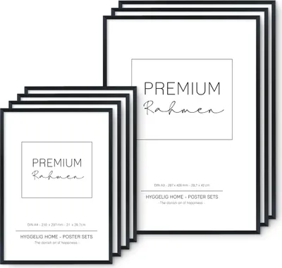 Produktbild von Hyggelig Home Premium Rahmen Set – 7 hochwertige Bilderrahmen aus Holz - 3 x DIN A3 + 4 x DIN A4 - passend für 7er Poster Set – schwarz