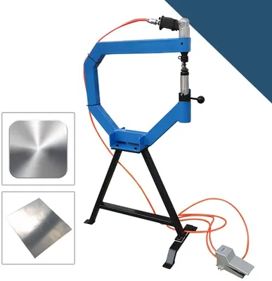 A pneumatic metal shaping tool with two sample metal sheets shown in inset boxes.