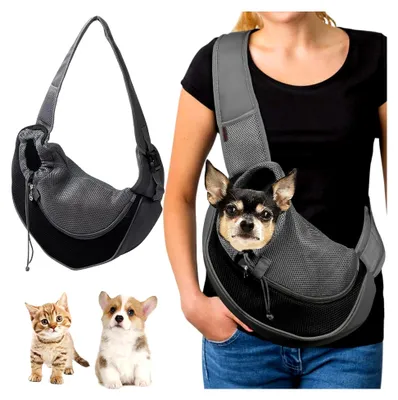 Produktbild von Hundetragetasche für Welpen und Katzen, mit verstellbarem Schultergurt, für Spaziergänge und Aktivitäten im Freien (Schwarz)