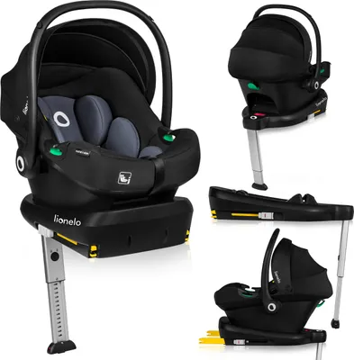 A collage of images showing a black baby car seat and its base from different angles.